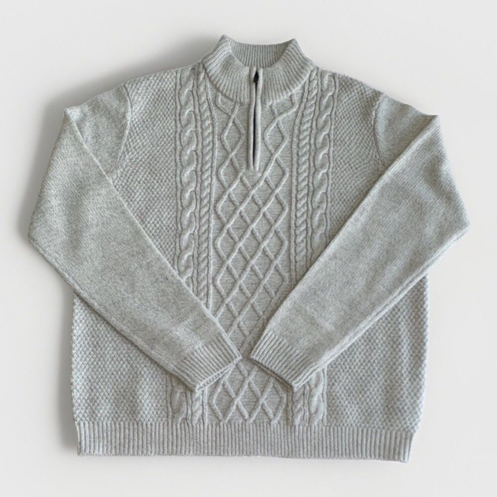 Mens Emerald Isle Gray Wool Blend Cable Knit 1/4 Zip Mock Neck Sweater Size 2XL